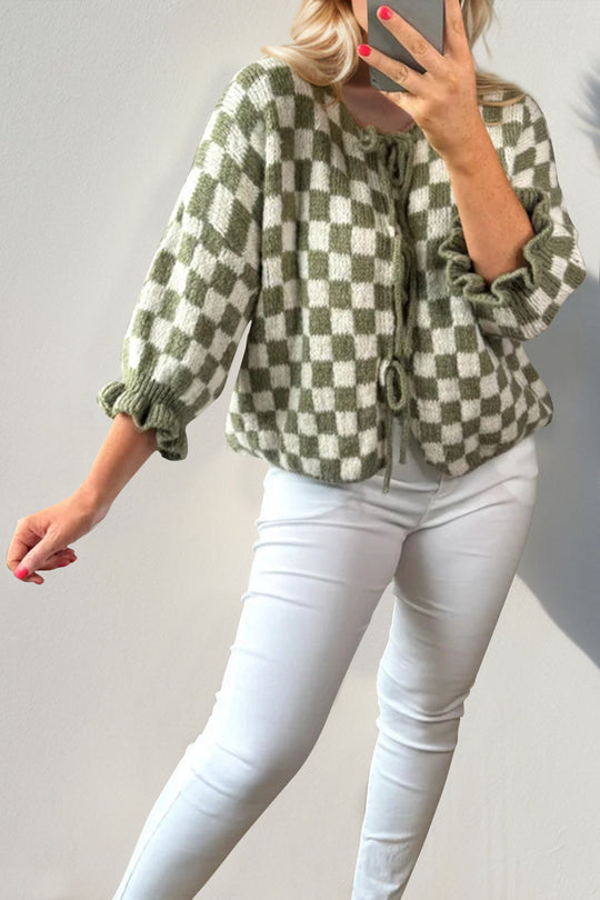 Heidi-Mode | Double Take Gebunden Karierter Fall Schulter Volant Ärmel Strickjacke