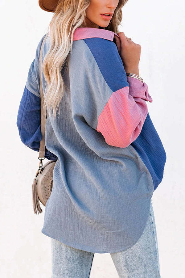 Heidi-Mode | Farbblock Texturoberknopfs Hemd mit Tasche