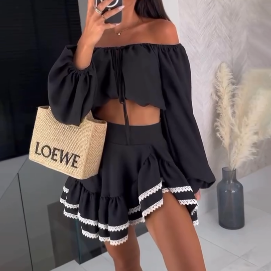 Heidi-Mode | Off Shoulder Crop Top und Rock Satz
