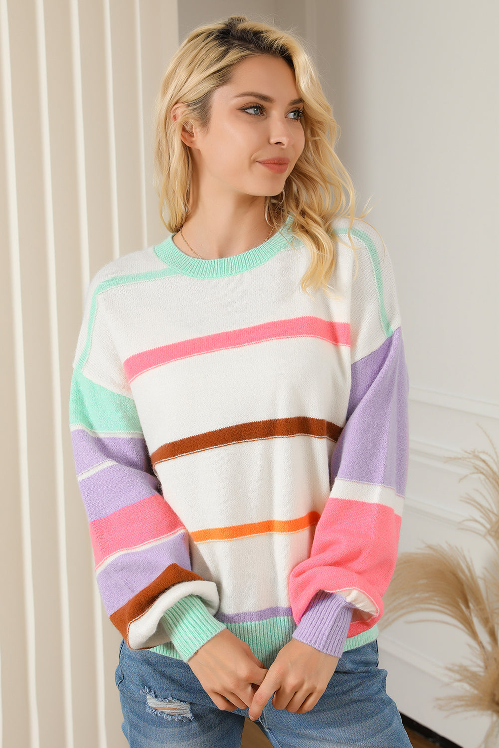 Gestreifter Colorblock Pullover Mit Überschnittenen Schultern