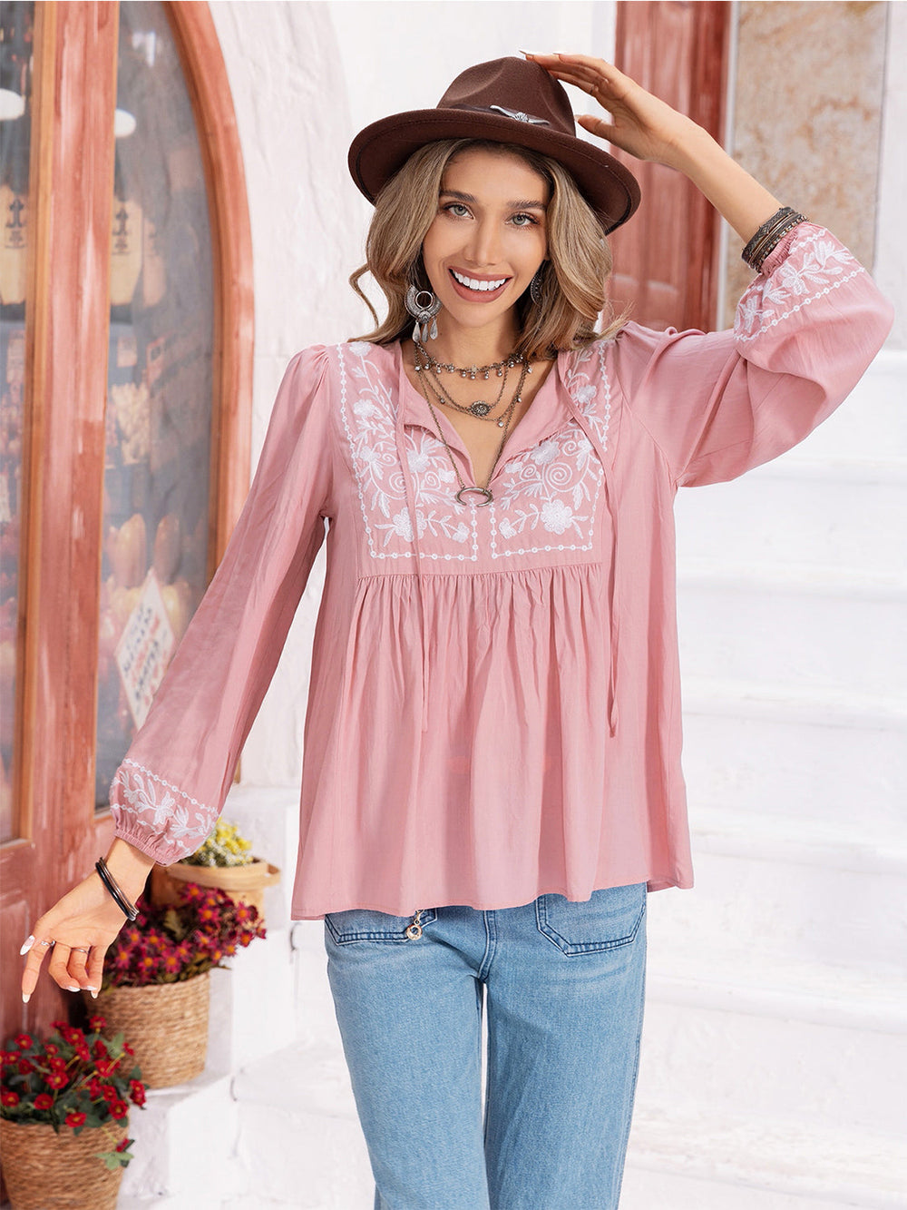 Heidi-Mode | Florale Bindekragen Bluse mit Ballonärmeln