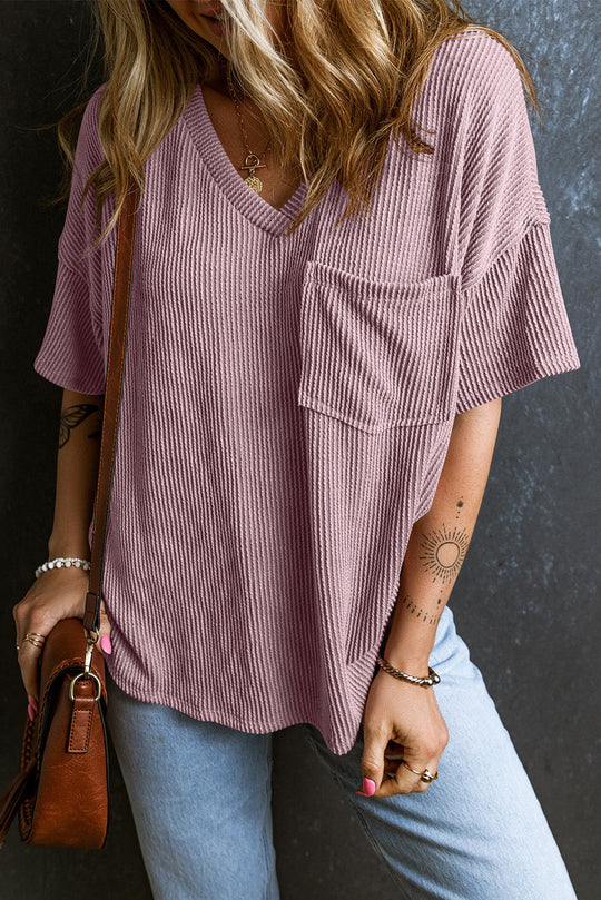 Heidi-Mode | Strukturiertes V-Ausschnitt T-Shirt mit Fallenden Schultern