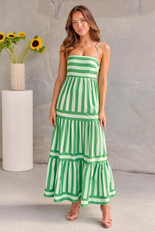 Heidi-Mode | Charlotte Sommerstreifen Gedruckt Träger Lange Kleid mit Taschen, Mode Rechteckiger Ausschnitt, Rückenfreie Kleider für Strandurlaub Damen Kleidung