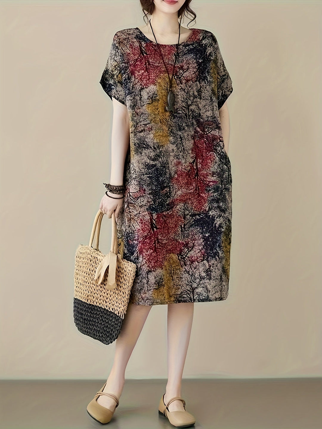 Heidi-Mode | Leinen Kleid Übergröße mit Muster und Tasche