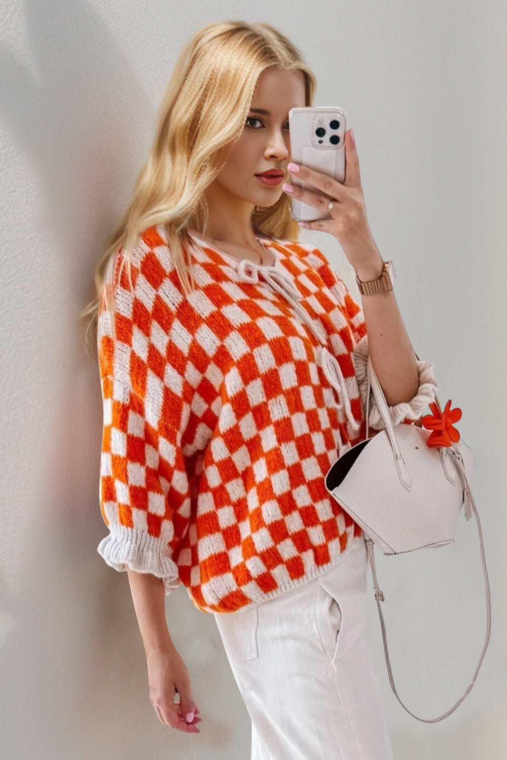 Heidi-Mode | Double Take Gebunden Karierter Fall Schulter Volant Ärmel Strickjacke