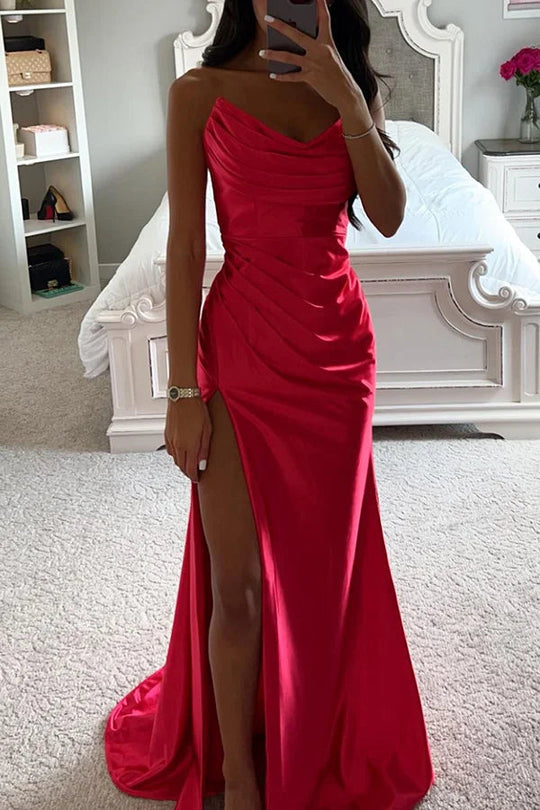 Heidi-Mode | Glänzendes Satin Off-Shoulder Falten Spalte Abend Maxi Kleid