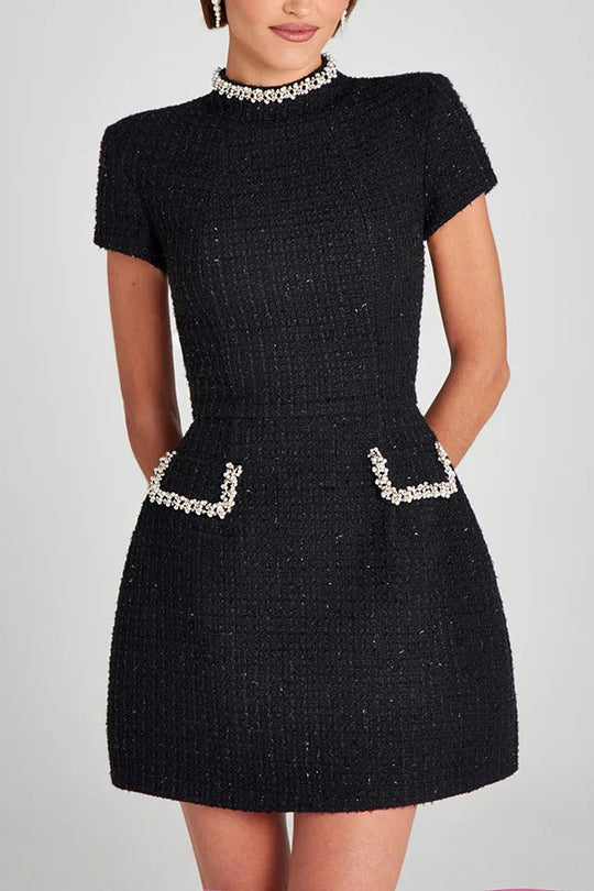 Heidi-Mode | Exquisite und Verspielt Tweed Stoff Perlenbesatz Kurzarm Eingrifftaschen Mini Kleid