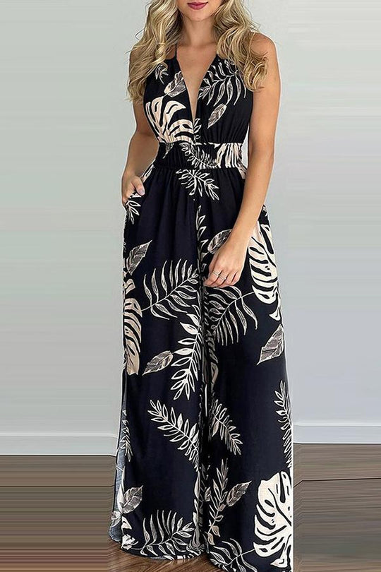 Heidi-Mode | Carneros Floral Print Halter Breite Beine Jumpsuit