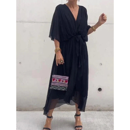Heidi-Mode | V-Ausschnitt Sommerkleid mit Fledermausärmeln Im Unifarben Design