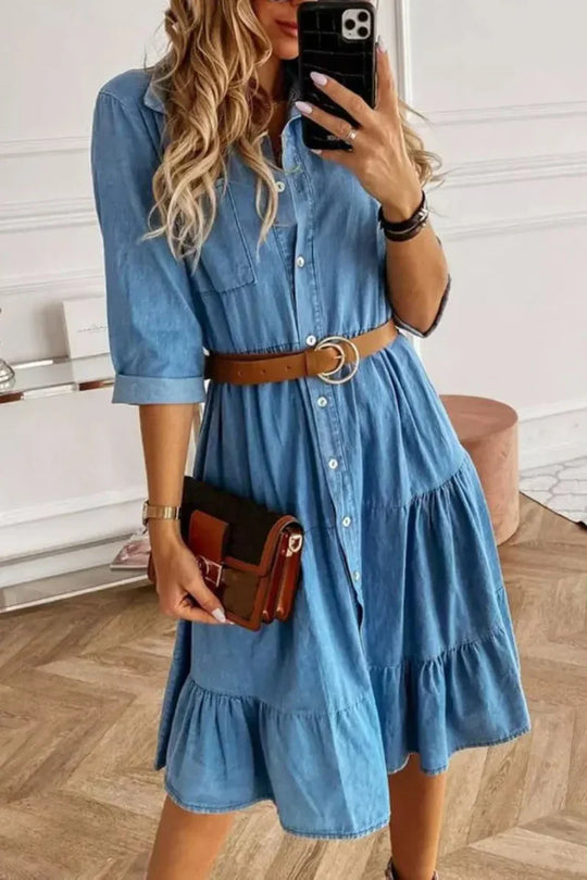 Midikleid mit Rüschen und Knopfleiste aus Denim