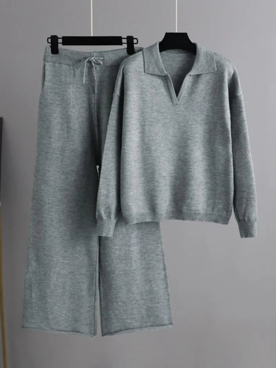 2 Stück Set Ladies Oversized Trainingsanzug Polo Kragen Pullover und Hose