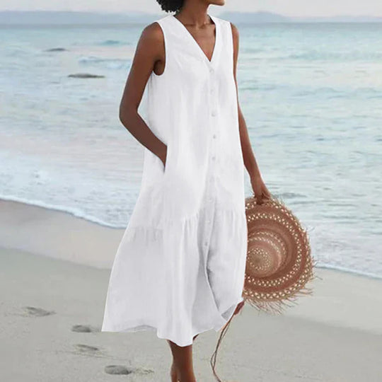 Heidi-Mode | Ärmelloses Knopfkleid mit V-Ausschnitt Strandkleid