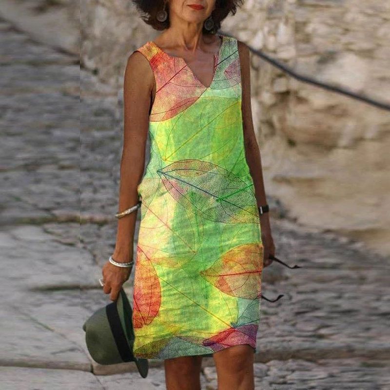 Heidi-Mode | Damen Helles Blätter Kleid Ärmellos