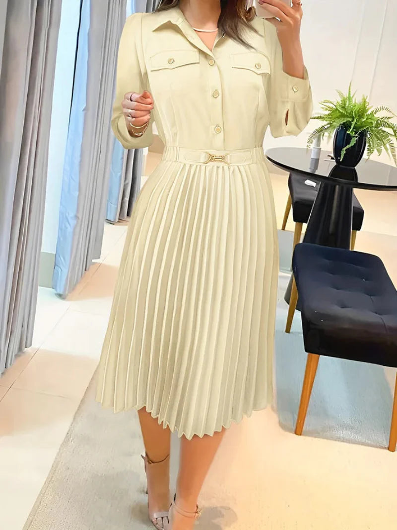 Heidi-Mode | Baumwolle Knopf Front Plissiert Langarm Abendkleid für Frauen