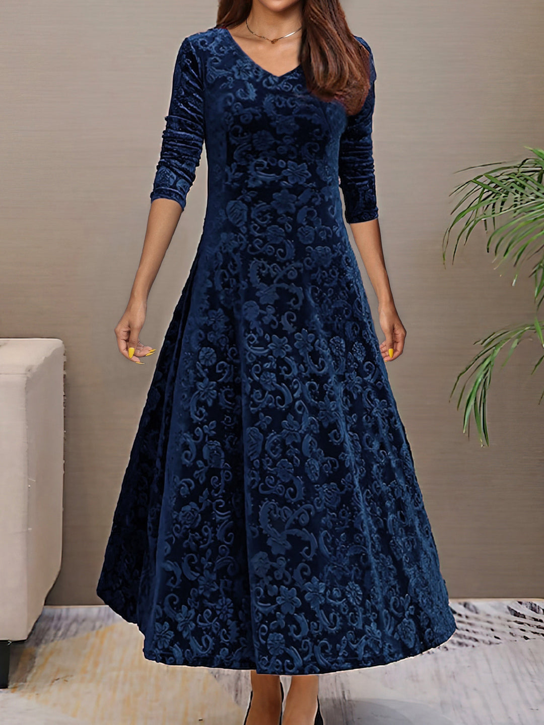Heidi-Mode | Baumwolle Plus Size Blumenmuster Samt V-Ausschnitt Langarm Abendkleid Für Damen - Ideal Für Den Herbst