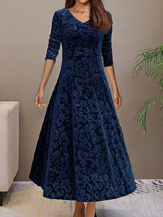 Heidi-Mode | Baumwolle Plus Size Blumenmuster Samt V-Ausschnitt Langarm Abendkleid Für Damen - Ideal Für Den Herbst