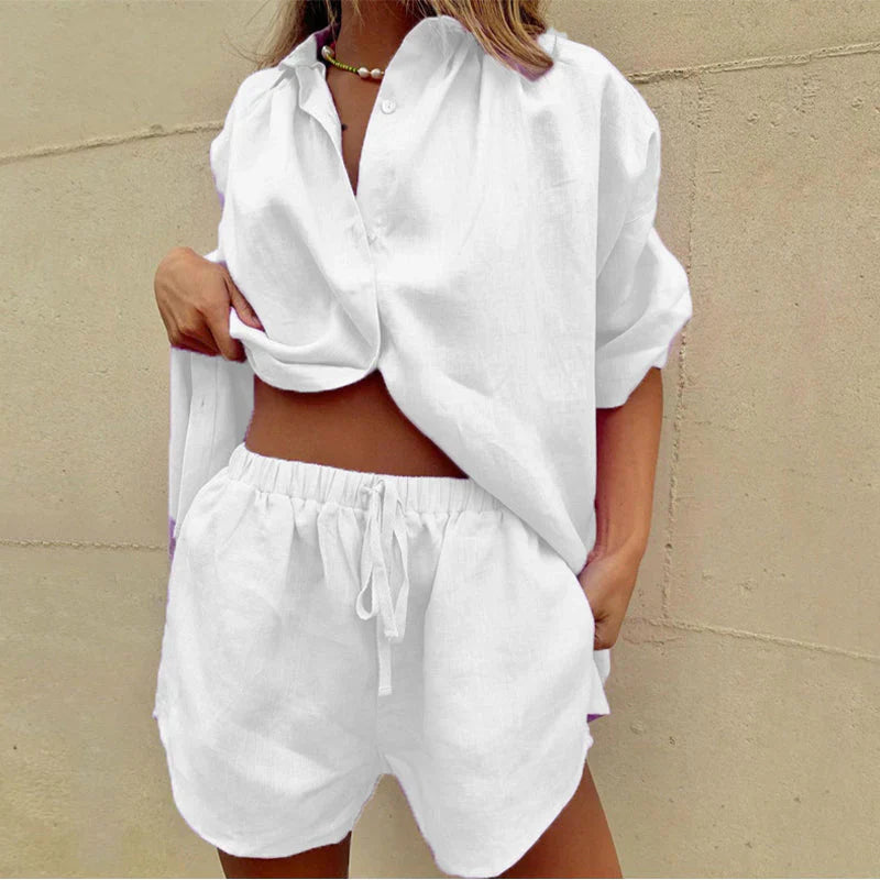 Heidi-Mode | Bequemes Set aus Hemd und Shorts mit Knopfleiste für Damen