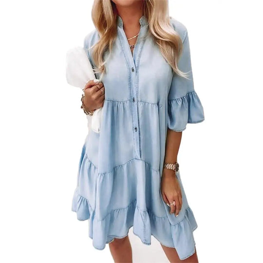 Jeanskleid mit V-Ausschnitt und Knöpfen für Damen