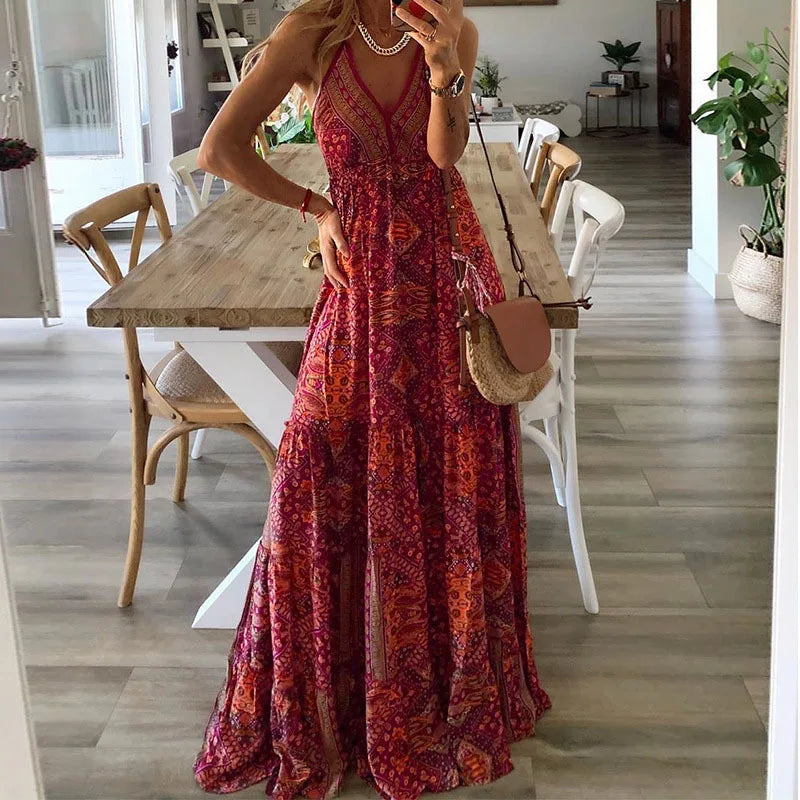 Bedrucktes Blumenkleid im Bohemian-Stil mit hoher Taille für Damen