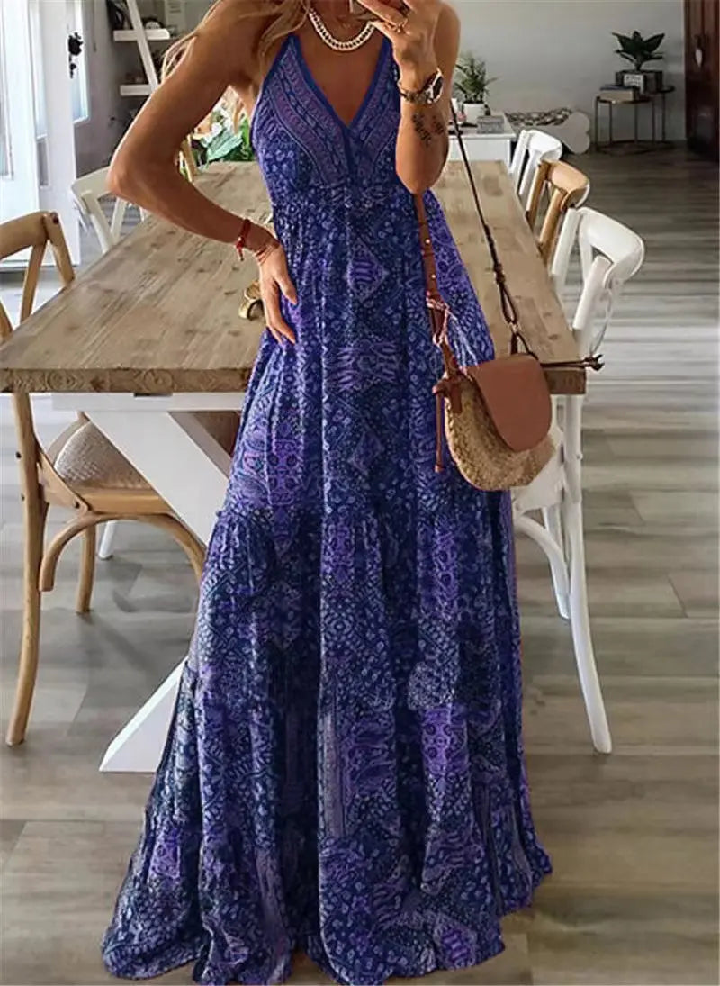 Bedrucktes Blumenkleid im Bohemian-Stil mit hoher Taille für Damen