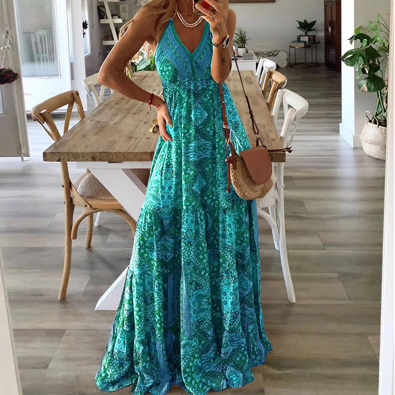 Bedrucktes Blumenkleid im Bohemian-Stil mit hoher Taille für Damen