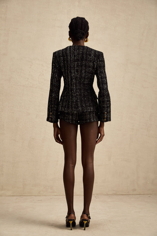 Heidi-Mode | Schwarze Metalliche Tweedjacke & Shorts Passendes Set