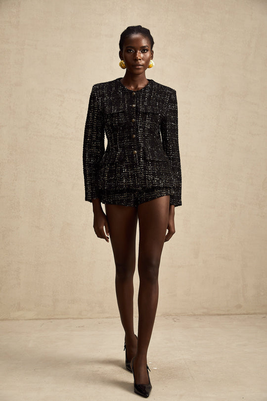 Heidi-Mode | Schwarze Metalliche Tweedjacke & Shorts Passendes Set