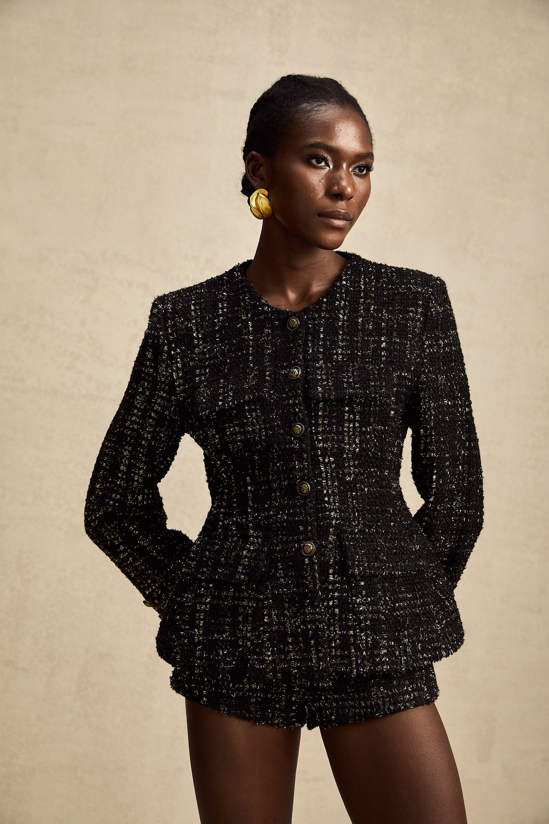 Heidi-Mode | Schwarze Metalliche Tweedjacke & Shorts Passendes Set