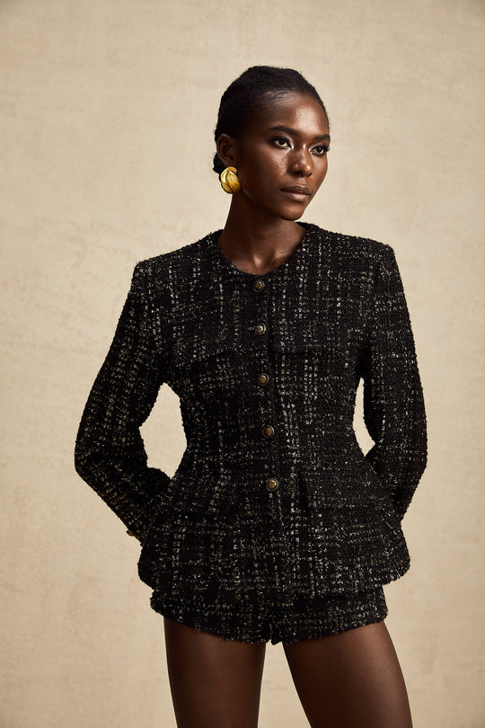 Heidi-Mode | Schwarze Metalliche Tweedjacke & Shorts Passendes Set