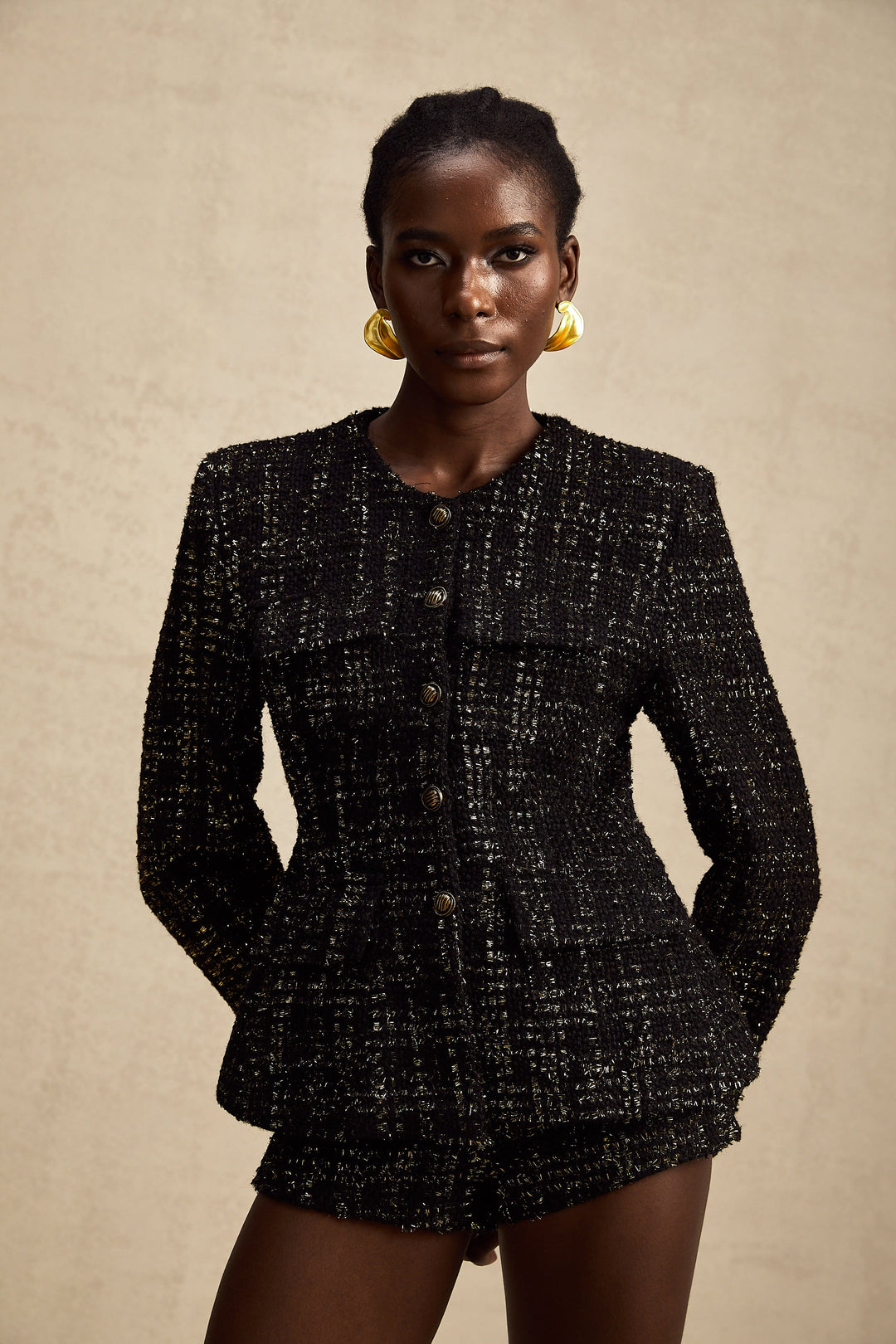 Heidi-Mode | Schwarze Metalliche Tweedjacke & Shorts Passendes Set