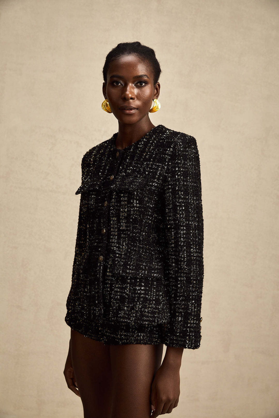 Heidi-Mode | Schwarze Metalliche Tweedjacke & Shorts Passendes Set