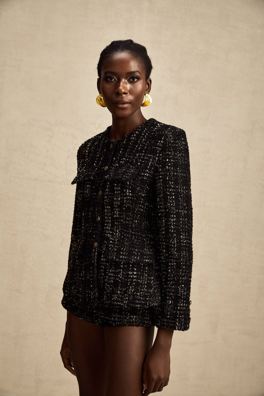 Heidi-Mode | Schwarze Metalliche Tweedjacke & Shorts Passendes Set