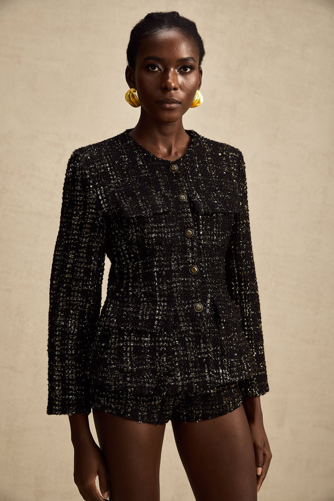 Heidi-Mode | Schwarze Metalliche Tweedjacke & Shorts Passendes Set