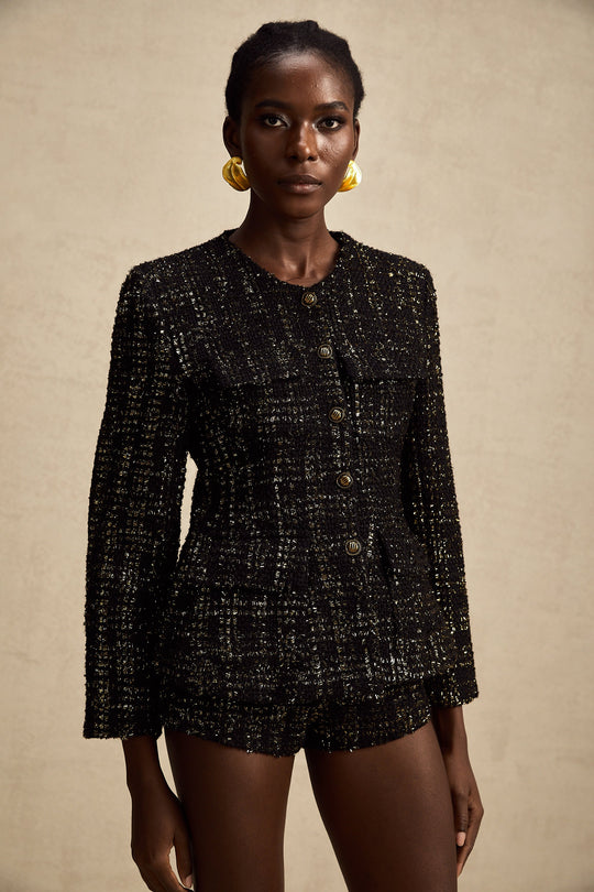 Heidi-Mode | Schwarze Metalliche Tweedjacke & Shorts Passendes Set