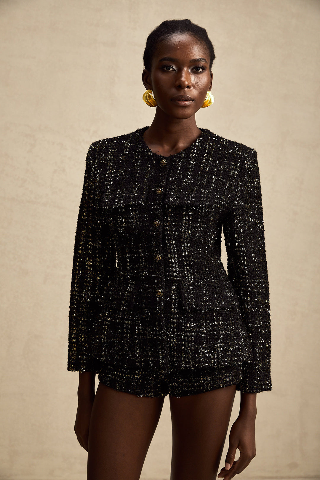 Heidi-Mode | Schwarze Metalliche Tweedjacke & Shorts Passendes Set