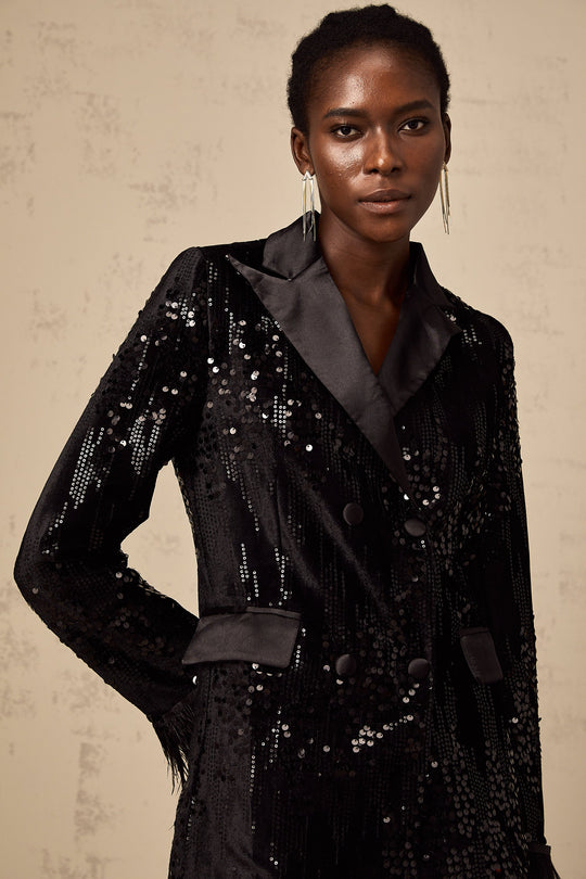 Heidi-Mode | Schwarz Federquadrat Pailletten Verziertes Blauer Jacke