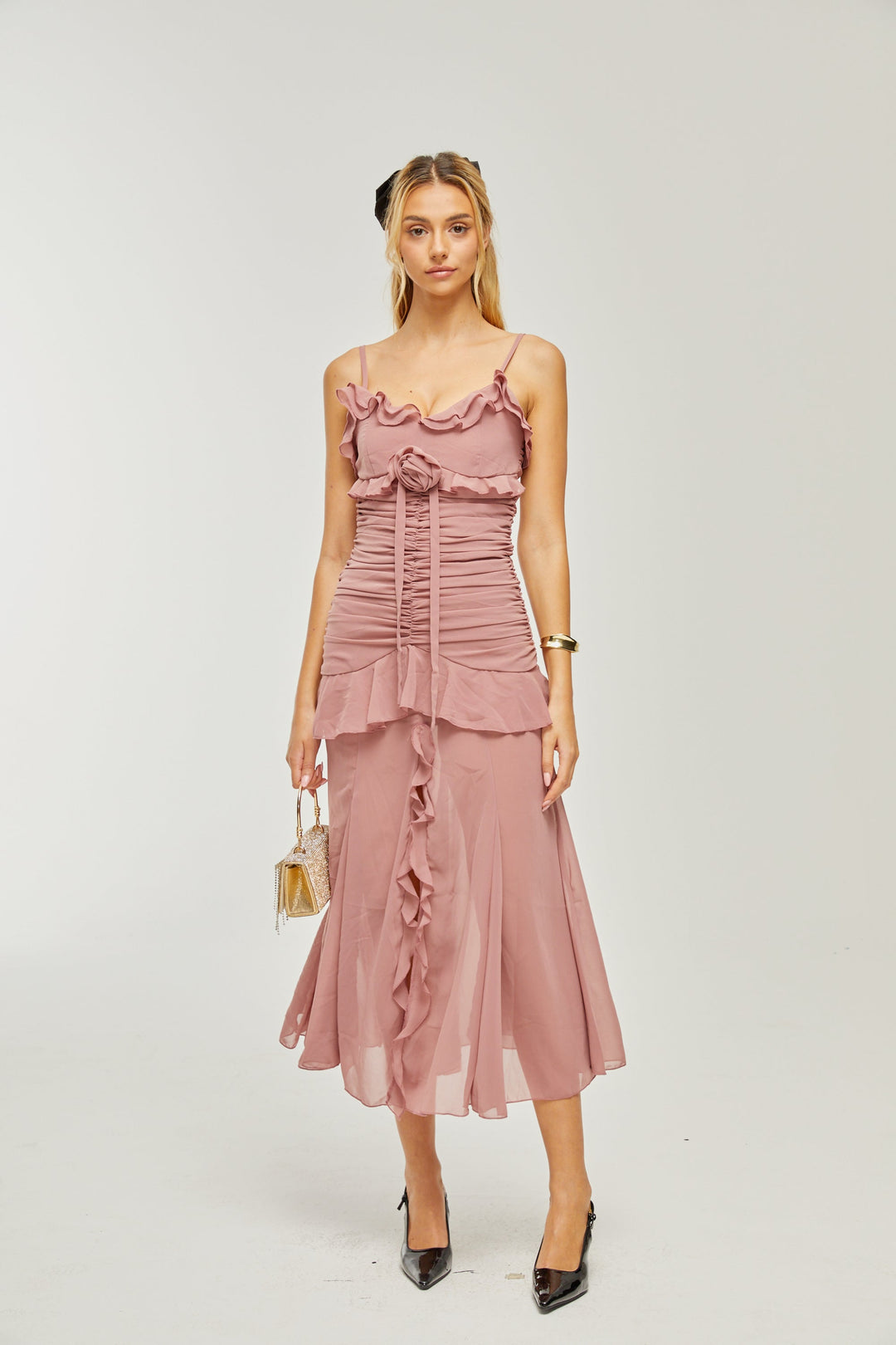 Heidi-Mode | Plissierte Faux Blume Midi Kleid