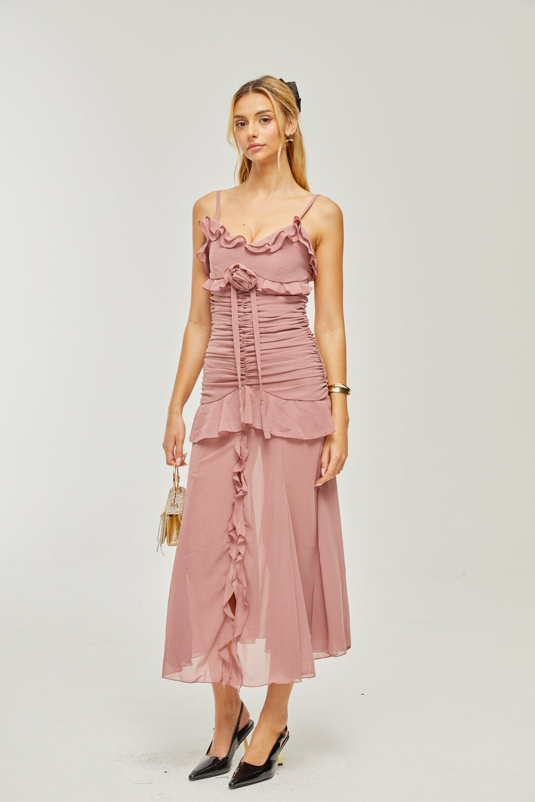 Heidi-Mode | Plissierte Faux Blume Midi Kleid