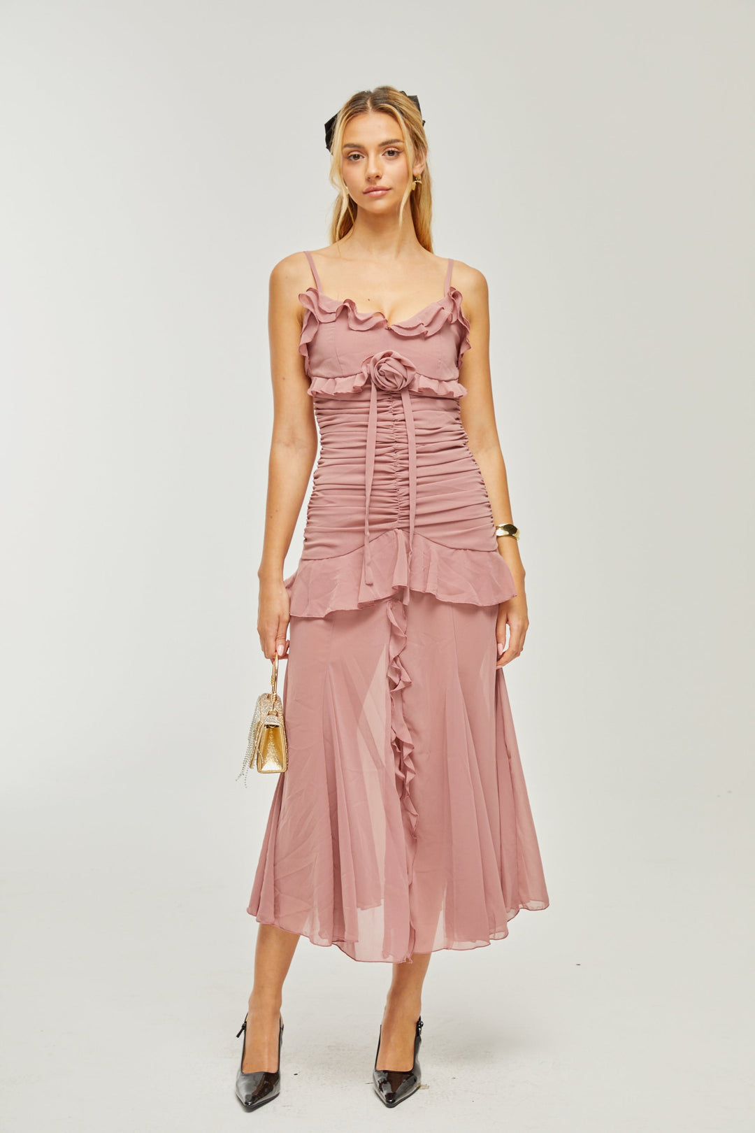 Heidi-Mode | Plissierte Faux Blume Midi Kleid