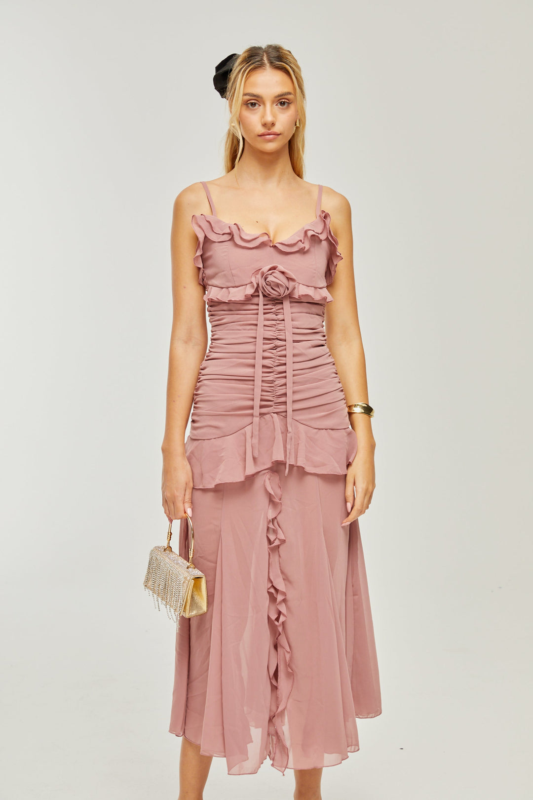 Heidi-Mode | Plissierte Faux Blume Midi Kleid