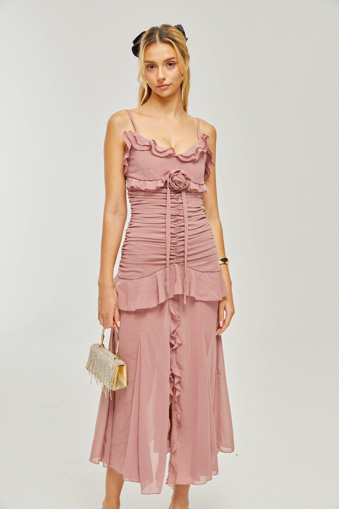Heidi-Mode | Plissierte Faux Blume Midi Kleid