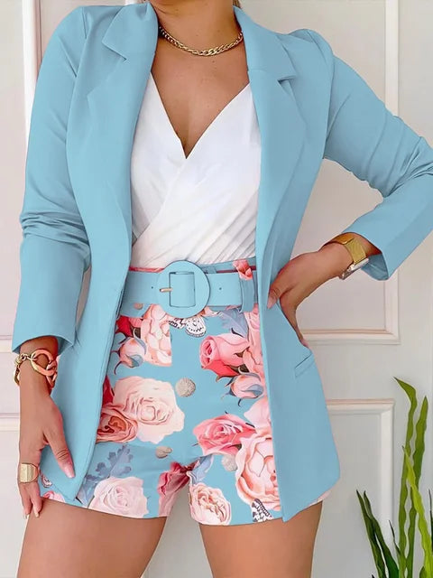 Blazer und Blumenmuster Kurzes Zweiteiliges Set