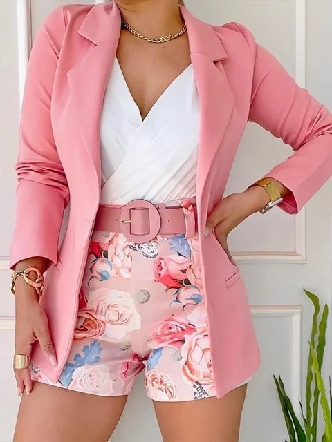 Blazer und Blumenmuster Kurzes Zweiteiliges Set