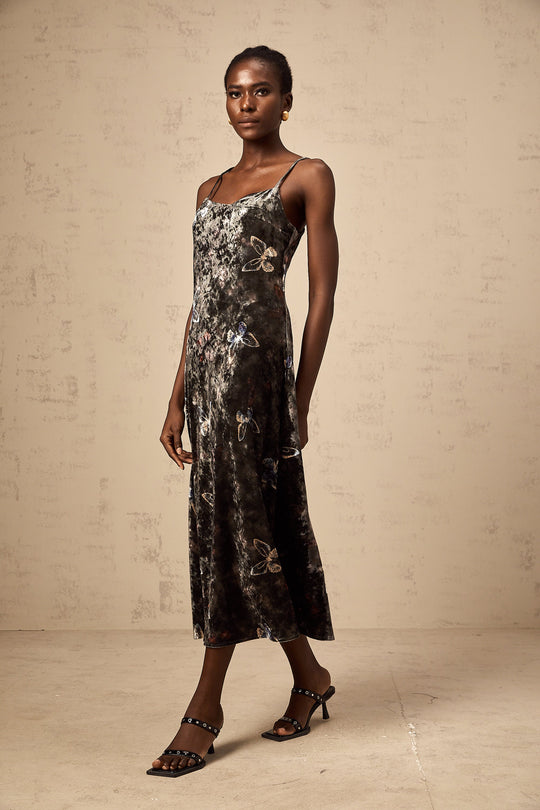 Heidi-Mode | Schwarzer Schmetterlingsdruck Samt Midi Kleid