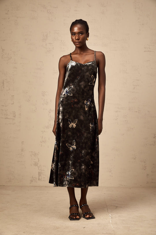 Heidi-Mode | Schwarzer Schmetterlingsdruck Samt Midi Kleid