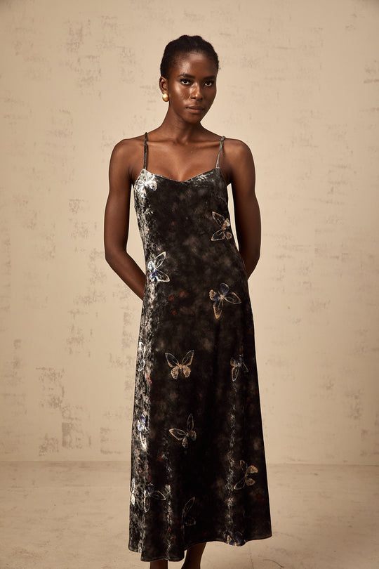 Heidi-Mode | Schwarzer Schmetterlingsdruck Samt Midi Kleid