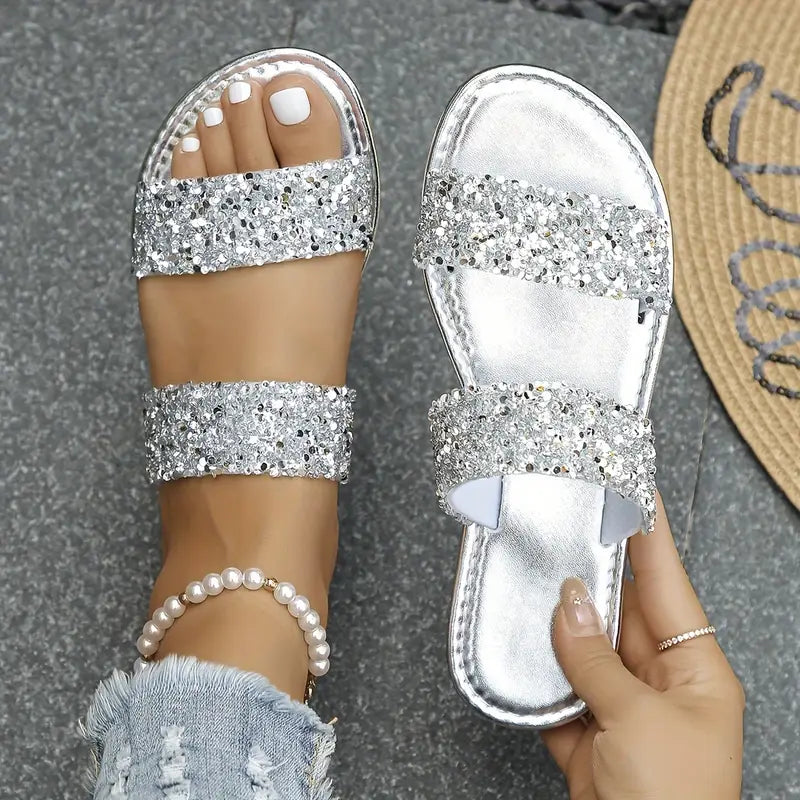 Heidi-Mode | Bequeme Sommerschuhe mit Kristallen, Offene Zehen, Doppelte Riemen, Leicht und Stilvoll
