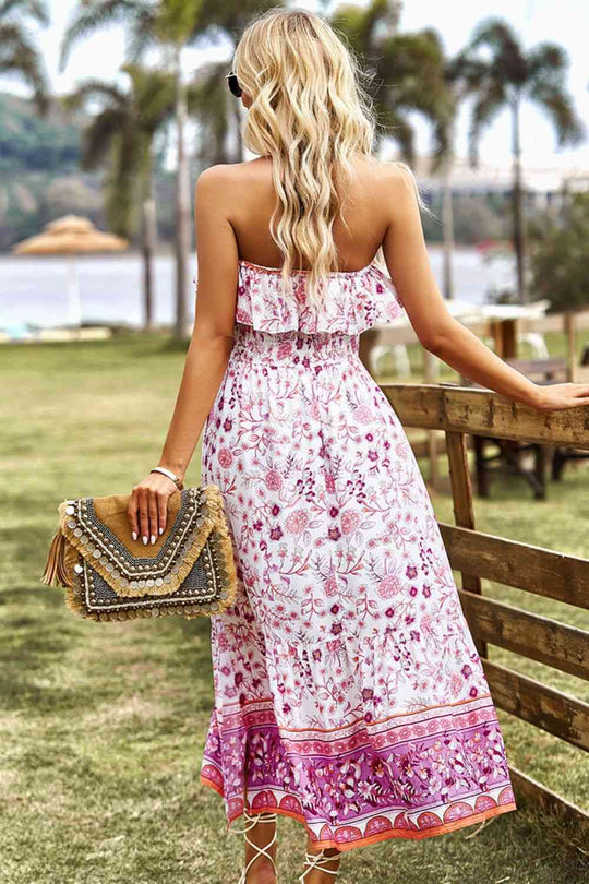 Heidi-Mode | Bohemian Strapless Schlitz Midi Kleid