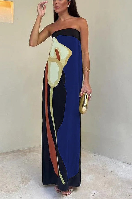 Heidi-Mode | Jaime Abstrakter Floralprint Elastischer Off-Shoulder Urlaub Locker Maxi Kleid