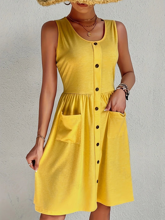 Heidi-Mode | Schick Gelbes Kleid Ohne Ärmel mit V-Ausschnitt Sommerkleid mit Knöpfen